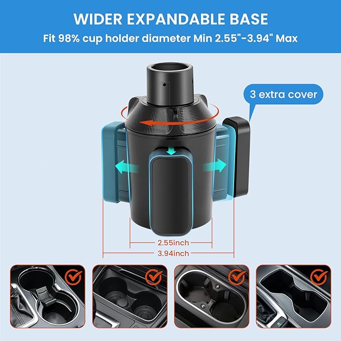 Cup Holder Expander for Car with Adjustable Holder & Base, Compatible with 10-64oz Yeti Ramblers, Hydro Flask, Nalgene, Stanl