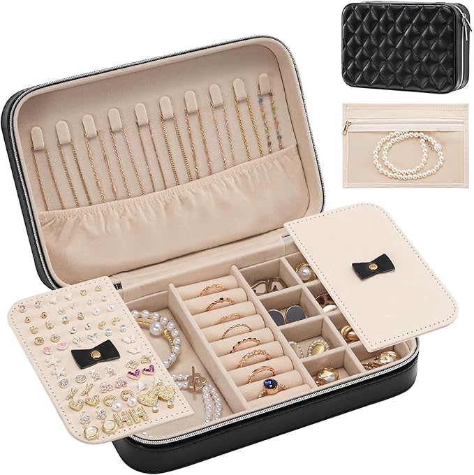 Lolalet Travel Jewelry Case for Women Girls, Travel Jewelry Organizer Box with Mirror & Clear Storage Bag, Small Portable Ear