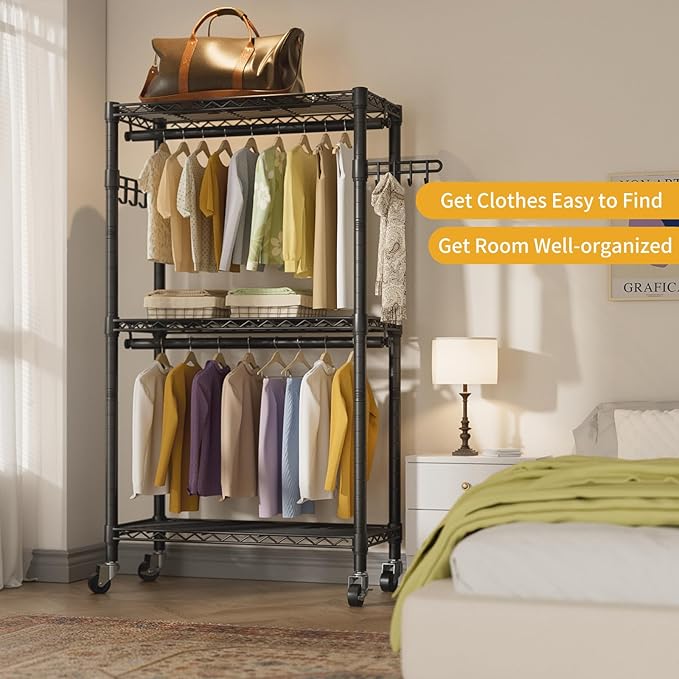 Heavy Duty Clothes Rack Rolling Garment Rack,3 Tier Adjustable Wire Shelving Clothing Racks for Hanging Clothes with Double R
