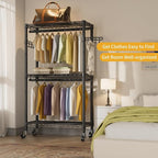 Heavy Duty Clothes Rack Rolling Garment Rack,3 Tier Adjustable Wire Shelving Clothing Racks for Hanging Clothes with Double R