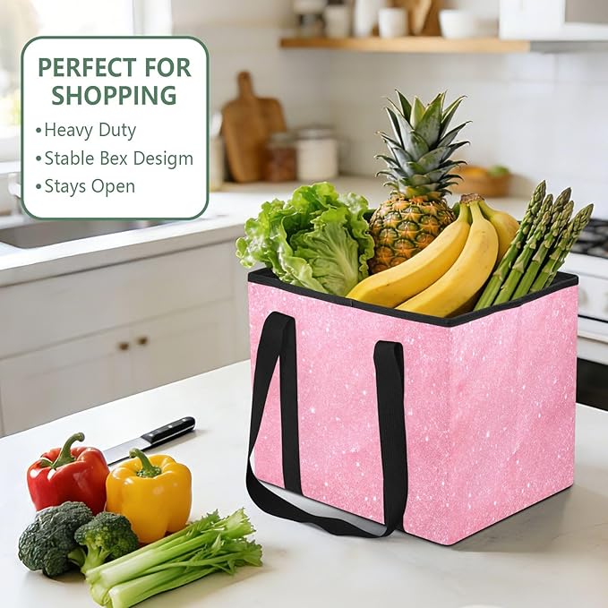 Pink Glitter Texture Reusable Grocery Bags Large Shopping Tote Bag with Reinforced Bottom Board, Water Resistant Foldable Sto