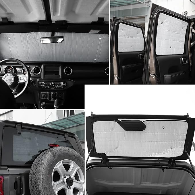 Hoolcar Windshield Sunshade Fits for 2018-2024 2025+ Jeep Wrangler JLU 8PCs Front & Side & Rear Window Sun Shade Sunscreen Heat Insulation Sun Visor Sun Reflector, 4-Door