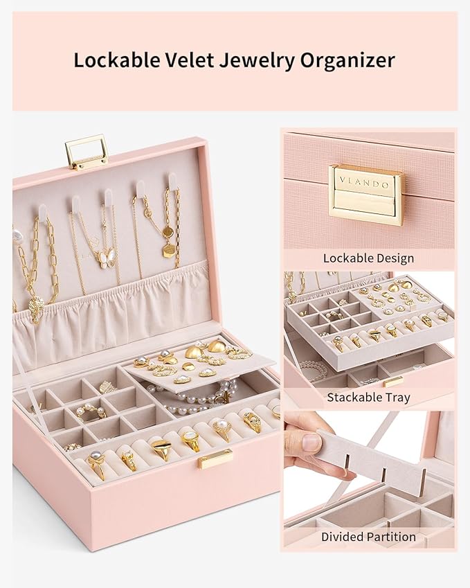 Vlando 2 Layer Jewelry Box Large Jewelry Organizer for Women Removable Jewelery Tray for Necklace Earrings Rings Bracelets Je