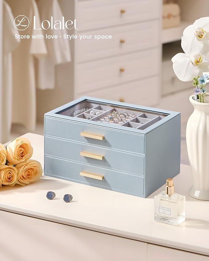 Lolalet Jewelry Box Organizer, 3-Layer Jewelry Organizers and Storage Case with Glass Lid, Ring Earring Bracelet Necklace Hol