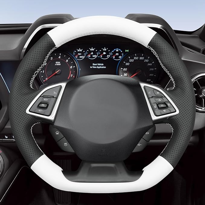 MEWANT Hand Stitched White Leather Steering Wheel Cover Wrap for Chevrolet Camaro 2017-2022 Steering Wheel Accessories for Chevrolet Camaro 2017-2022