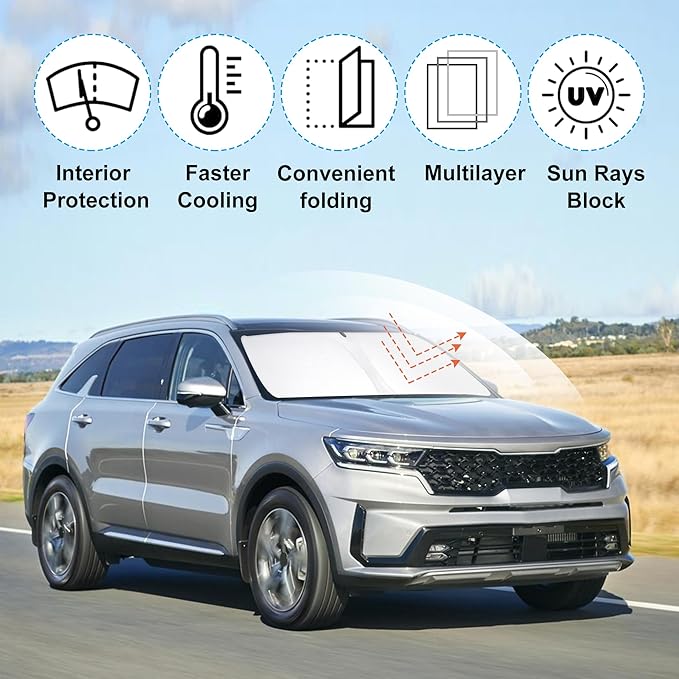 Front Windshield Sun Shade Foldable Car Front Window Sun Shade Windshield Shade Custom Fit for 2021-2025 2026 Kia Sorento SUV Block UV Rays Accessories Heat Keep Cooler