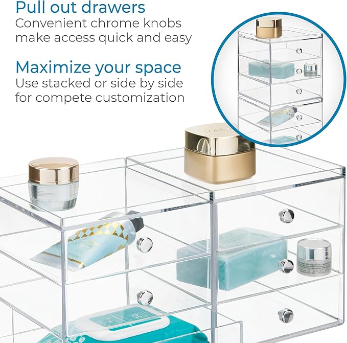 Clarity Cosmetic Organizer for Vanity Cabinet to Hold Makeup, Beauty Products - 3 Drawer, Clear