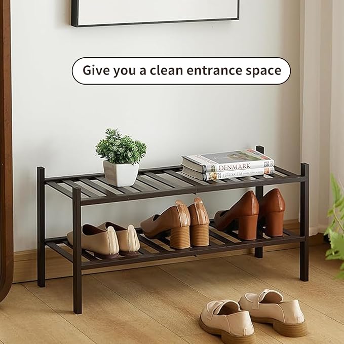 2-Tier Bamboo Shoe Rack for Entryway, Stackable | Heavy Duty | Multi-Function, Free Standing Shoe Racks for Bedroom Hallway C