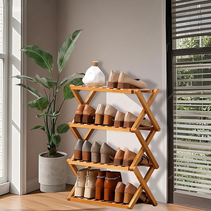 Jessie Bamboo Shoe Rack,Free Standing Shoe Rack for Closet,Portable Folding Shoe Storage Rack, Space Saving,Shoe Shelf for Be