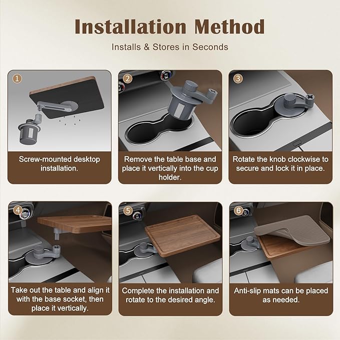 Car Tray & Car Desk for Laptop with Anti-Slip Protective Mat, 360° Rotating Wood Cup Holder Table, Eating Food, Working, Compatible with Tesla Model Y/3/S, Ford F150/Explorer/Maverick & Most Vehicles