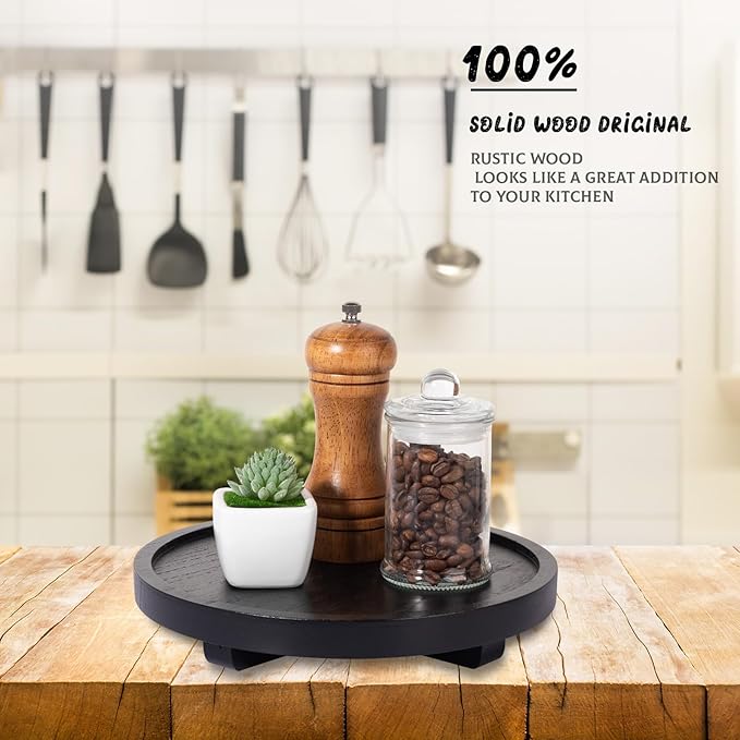 Round Decorative Tray Wood Bathroom Counter Organizer Farmhouse Kitchen Decor Wooden Riser for Soap Dish, Perfume, Candle, Sp