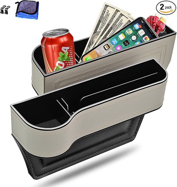 Car Seat Gap Filler Organizer, 2 Pack Multifunctional Car Seat Organizer, Auto Console Side Storage Box with Cup Holders 2 Seat Hooks for Drink, Car Organizer Front Seat for Holding Phone, Sunglasses