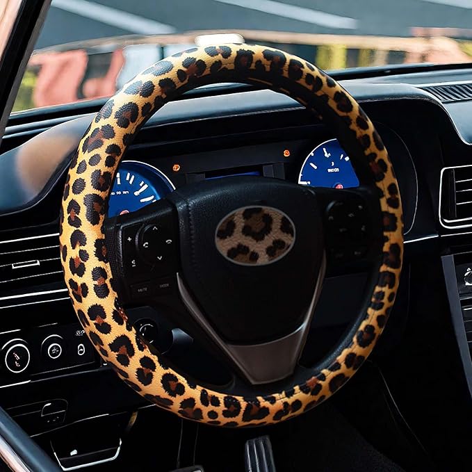 Universal Leather Leopard Cheetah Steering Wheel Cover Women 14.5-15 inch Leopard car Accessories Western Anime Brown Cute Wh