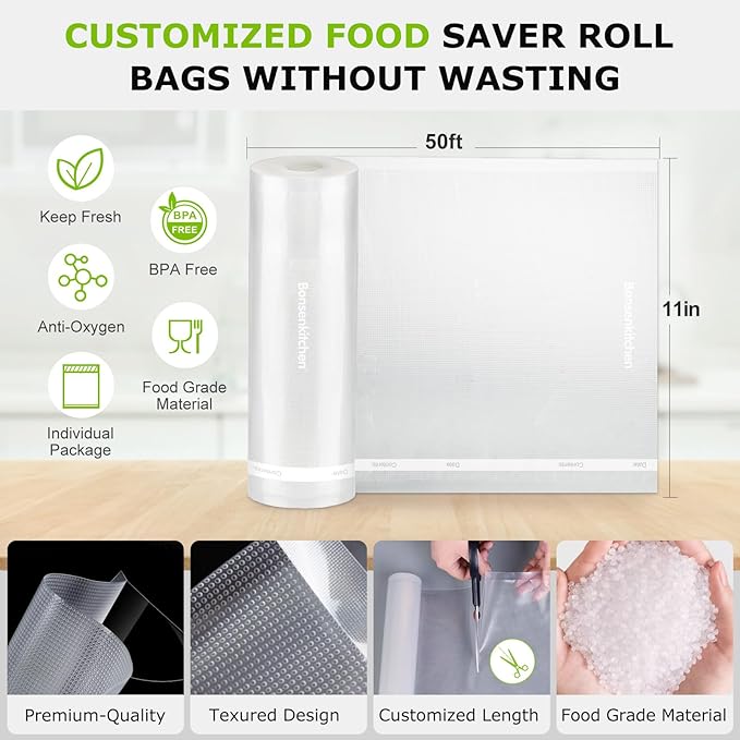 Bonsenkitchen Vacuum Sealer Bags, 11 in x 50 ft Rolls 2 Pack Seal Bags for Food Storage Saver, BPA Free, Commercial Grade Tex