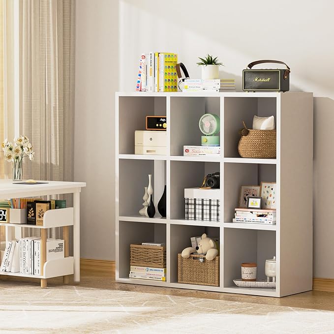 COMHOMA 9 Wood Cube Storage Organizer with Open Back and Removable Back Panels, 11In White Cube Storage Bookshelf, Cubicle Sh