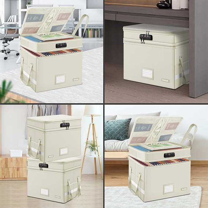DocSafe File Box with Lock,Multi-Layer Fireproof Document Box Collapsible File Storage Organizer with Pockets/Handle,Large Po