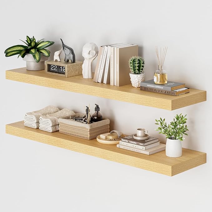 Heimlove 48W x 12D Long Floating Shelf, 12 Inch Deep Floating Shelves for Wall Set of 2, Wood Shelves for Bedroom Living Room