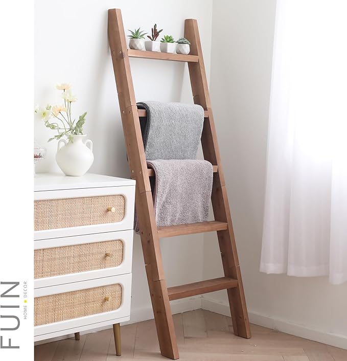 FUIN 5ft (58") Wood Blanket Ladder Living Room Decorative Wall Leaning Farmhouse Quilt Display Holder Shelf Rustic Wooden Tow