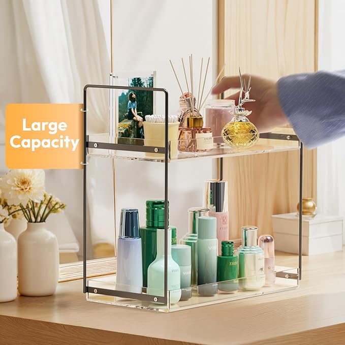 Bathroom Countertop Organizer, 2 Tier Acrylic Tray Vanity Counter Skincare Organizer Shelf, Home Storage Holder for Lotion Ma