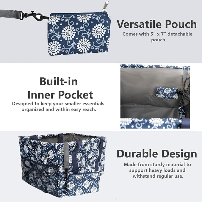 Extra Large Utility Tote Bag - Oversized Collapsible Tote with Wire Frame, Durable Reusable for Beach, Groceries, Laundry, Car Trunk, Storage and Travel - includes 5x7 Bag with Hook - Navy Floral