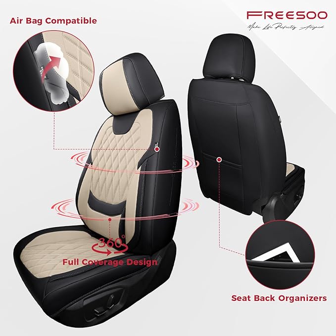 FREESOO Front Car Seat Covers - Luxury Breathable Waterproof Faux Leather Car Seat Cushion Protectors with Lumbar Support, Un