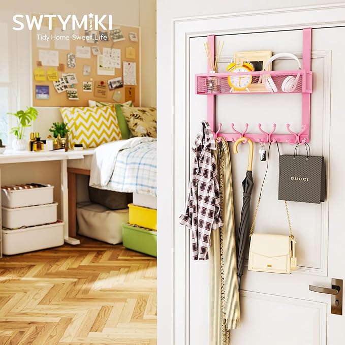 SWTYMIKI Over The Door Hook with 16 Hooks & Mesh Baskets - Heavy Duty Over The Door Organizer Hanger for Towels, Coats, Cloth