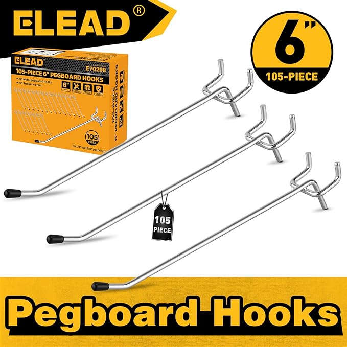 ELEAD 105-Piece 6 Inch Pegboard Hooks, Heavy Duty Peg Board Organizer Accessories, Peg Board Tool Hangers Fit for 1/4" and 1/