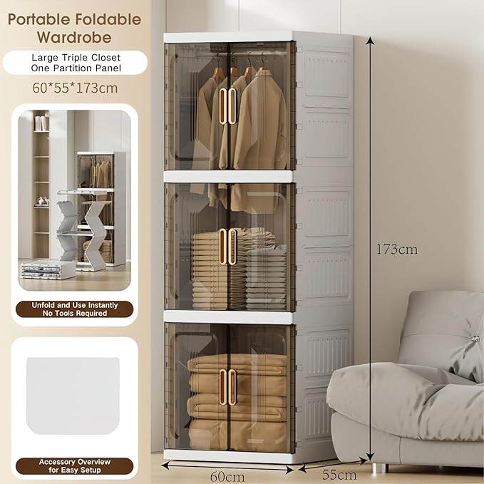 SunSettler Collapsible Plastic Wardrobe with Wheels, Large Foldable Clothes Storage Cabinet, Wardrobe Closet Organizers and S