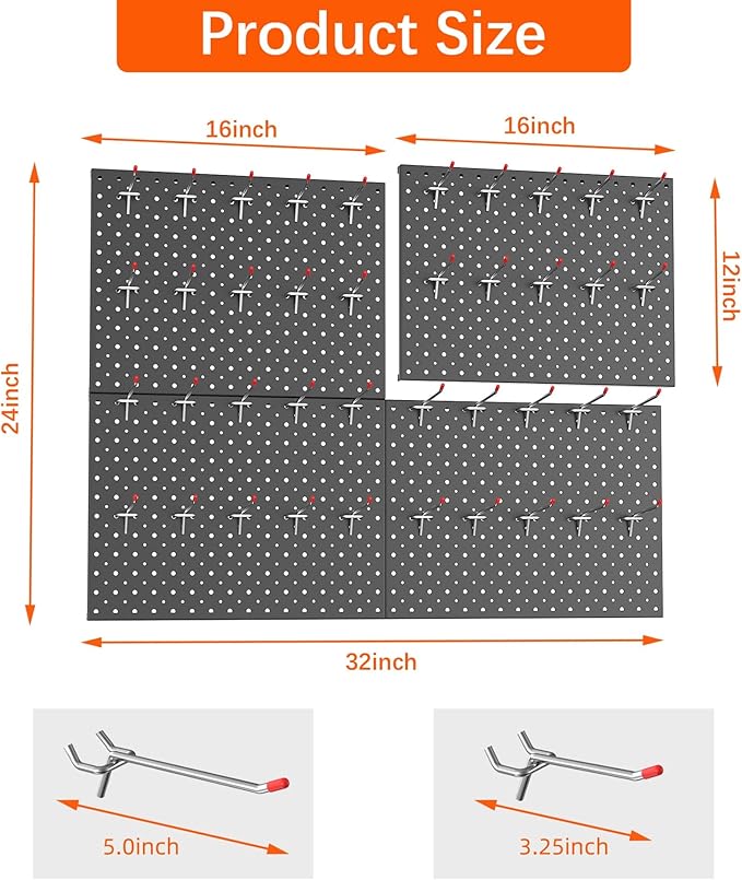 TORACK Metal Pegboard Panels and Hooks for Garage, Workbench, Shop, Shed Tool Organizer Peg Board with 1/8" & 1/4" Holes, Mod