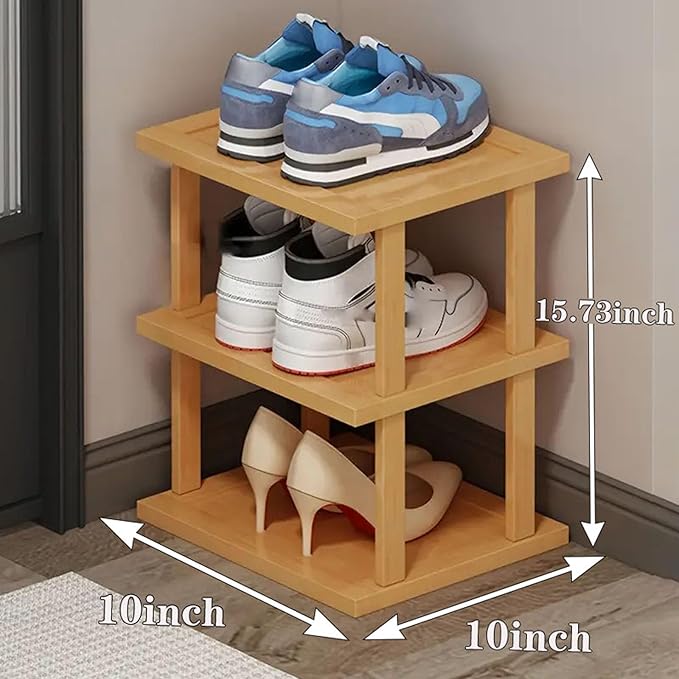 SAN HE Bamboo Shoe Rack 3Tier- Vertical Shoe Rack for Small Spaces, Tall Narrow Shoe Rack Organizer for Closet Entryway Corne