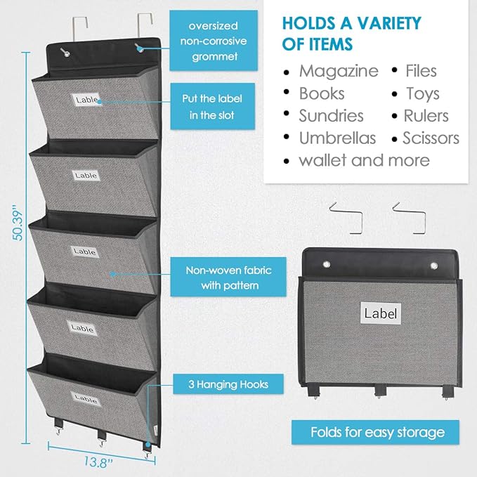 homyfort Over the Door File Organizer, Wall Hanging File Folders with 5 Large Pocket for Mails, Magazines, Back to School Sup