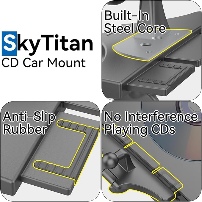 CD Slot Car Mount for Portable CarPlay Screens, Adjustable Angles, Low Profile and Sleek, Integrated Mounting Solution for in-Car Android Display Monitors (No Bracket Mount)