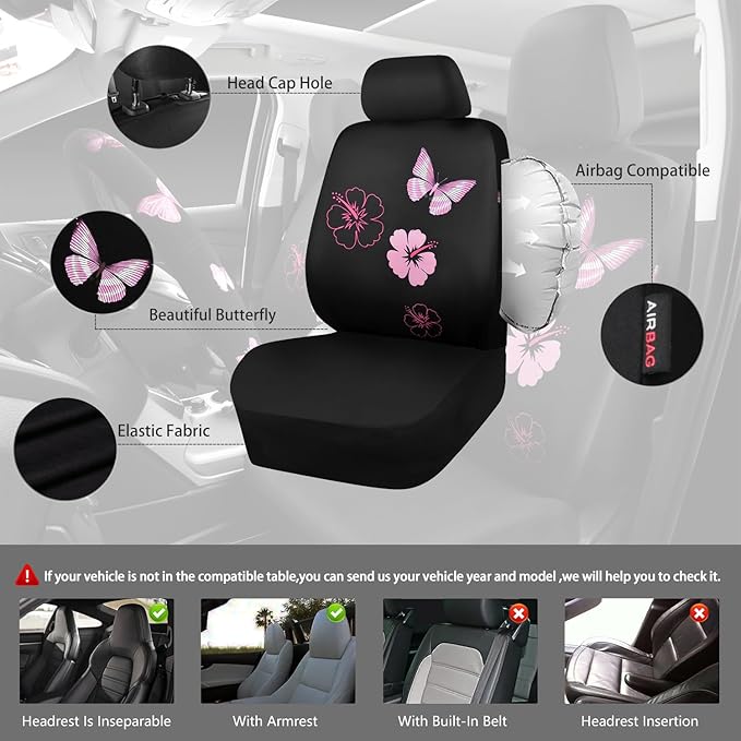 CAR PASS Universal Cloth Butterfly Car Seat Covers Full Set, Embroidered Flower Waterproof Car Floor Mats Carpet, Butterflies