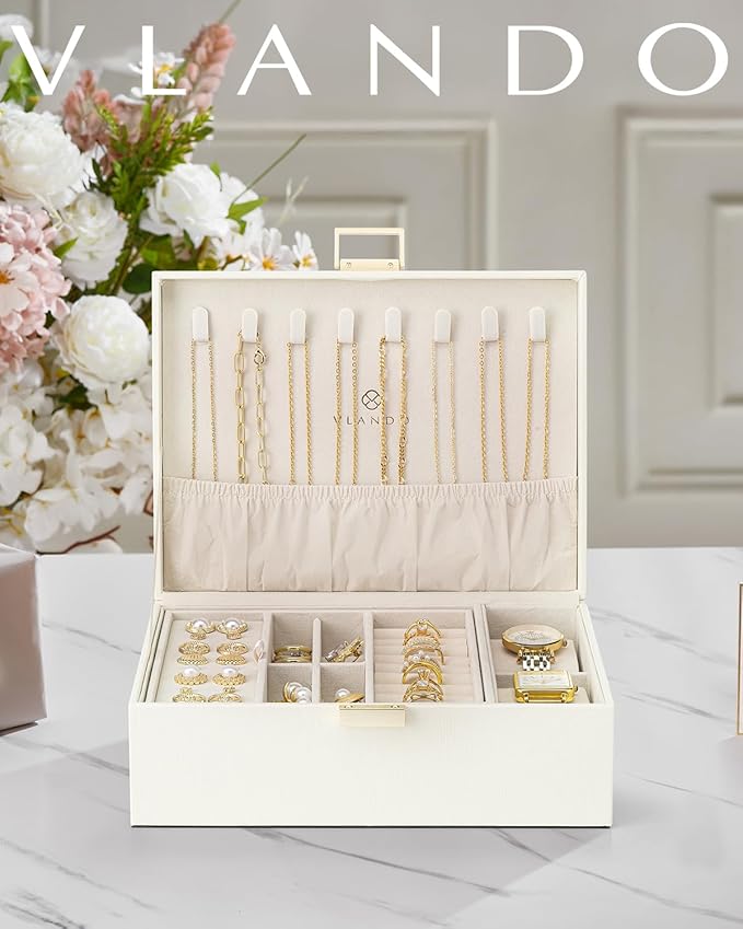 Vlando Jewelry Organizer,2 Layer Jewelry Box Large Jewelry Organizer for Women Removable Jewelery Tray with Watch Pillow for 