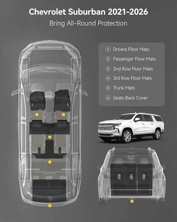 3W Floor Mats & Cargo Mat & Seat Back Mats for 2021-2026（Only 7 Seats） Chevy Suburban/GMC Yukon XL(Only Yukon XL, Not Fit Yukon)/Cadillac Escalade ESV(Not Escalade),All Weather Car Mats