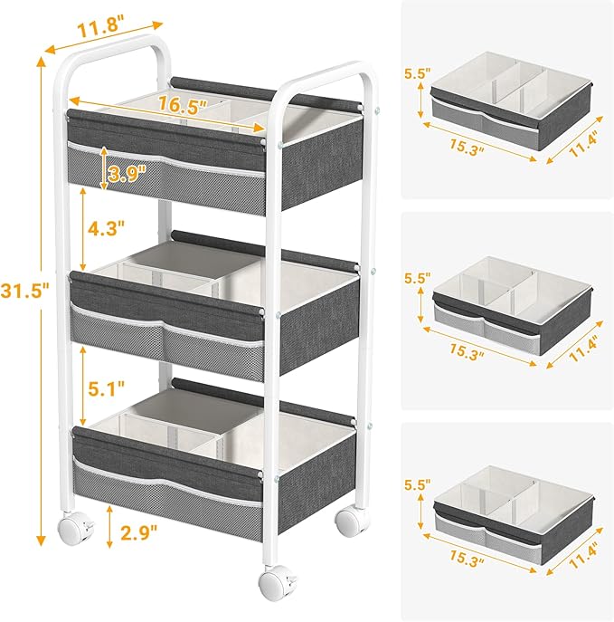 Baby Diaper Caddy Rolling Utility Cart, 3 Tier Baby Essentials Nursery Organizer and Storage with Dividers and Drawers for Cr