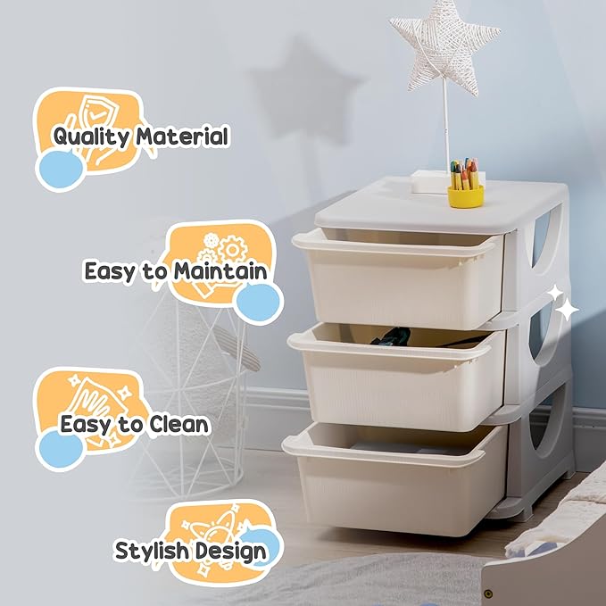 Qaba 3 Tier Kids Storage Unit, Toy Organizers and Storage with 3 Drawer Chest for Kids Bedroom Nursery Kindergarten Living Ro
