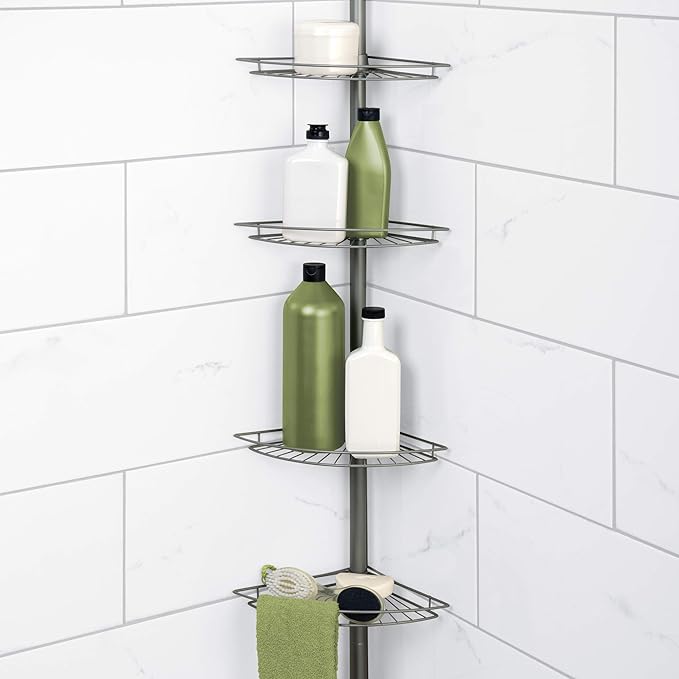 Zenna Home Tension Pole Corner Caddy, Satin Nickel