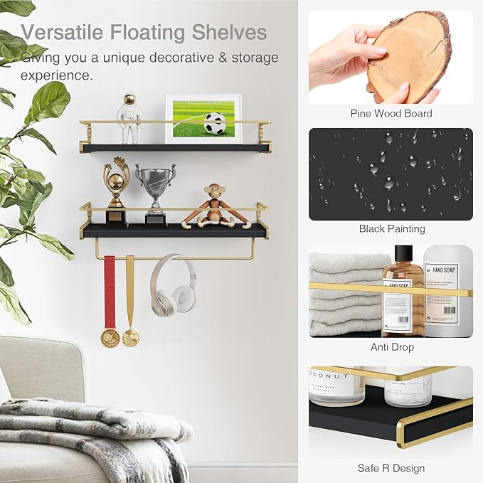 Forbena Black and Gold Bathroom Floating Shelves for Wall, Decorative Wall Mounted Shelves for Kitchen Coffee Bar Station Org