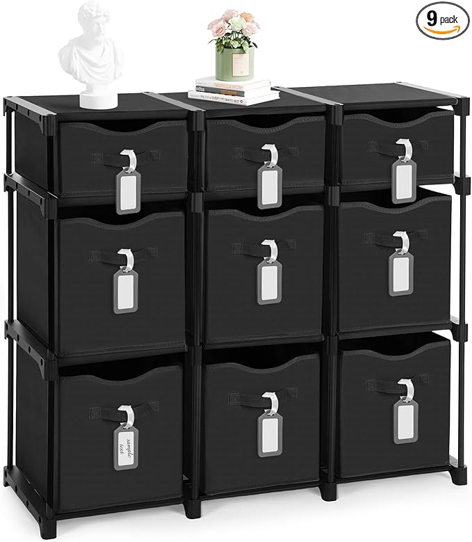 9 Cube Storage Organizer Shelf with Storage Bins and Label, 11 Inch Toy Cube Bins Clothes Closet Organizers Drawers Fabric Dr