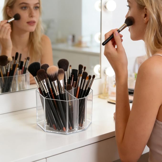 Acrylic Makeup Brush Holder, 360°Rotating Makeup Brush Organizer with 5 Grids, Clear Makeup Holder for Courtup, Bathroom Vani