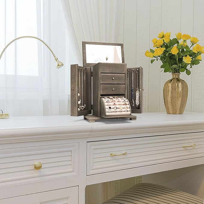 Emfogo Jewelry Box for Women, Rustic Wooden Jewelry Boxes & Organizers with Mirror, 4 Layer Jewelry Organizer Box Display for
