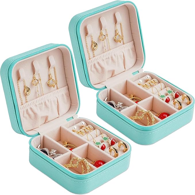 Neveika Portable Travel Mini Jewelry Box Leather Jewellery Ring Organizer Case Storage Gift Box Girls Women (bluex2).