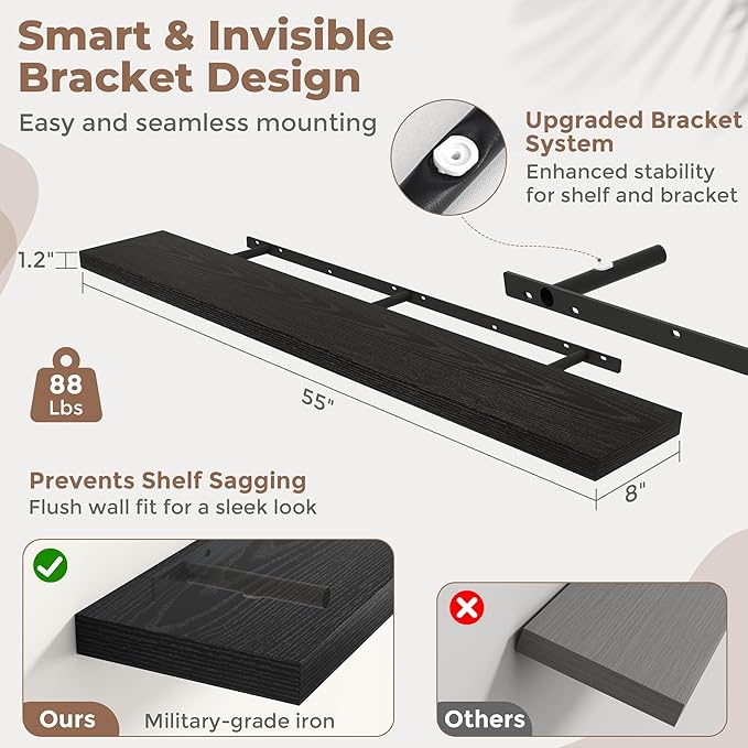55 Inch Floating Shelves for Wall Set of 2, 8"D Wood Grain Bathroom Shelves with Invisible Brackets, Easy Install Engineered 