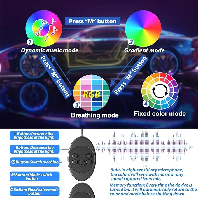 6 in 1 Car Led Strip Lights with App Control, RGB Colors Interior Car Lights, Ambient Led Lighting Kit, 4 Light Flashing Modes, USB Neon Accessories for Doors, Center Console