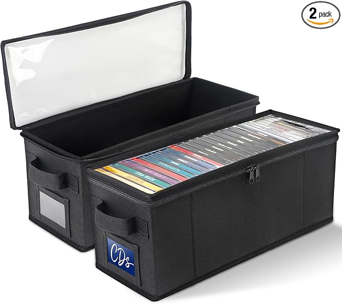 CCidea CD Storage Box with Clear Window - 2 Pack Media Organizer, Innovative Folding Design for CD Discs, CD Holder with Reinforced Handle & Label Slot, Holds 29 CDs Each, Fits Car & Home Use (2)