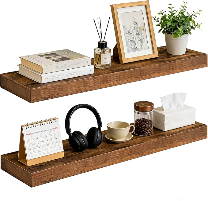 35.8 inch Rustic Brown Floating Shelves Set of 2, Solid Wood Wall Mounted Shelves, Heavy Duty Display Storage Shelves for Bed