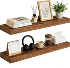 35.8 inch Rustic Brown Floating Shelves Set of 2, Solid Wood Wall Mounted Shelves, Heavy Duty Display Storage Shelves for Bed