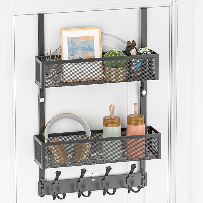 Over The Door Hooks Organizer, Door Hanger Towel Rack with 2 Baskets, Adjustable Over The Door Coat Rack, Back of Door Storag