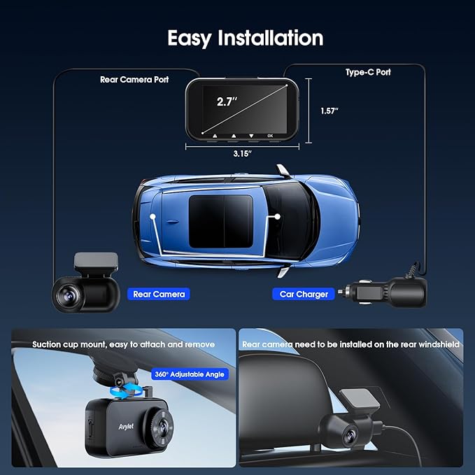 Avylet 4K/2.5K+1080P Dash Cam Front and Rear, 5G WiFi APP Dash Camera for Cars with 64GB Card, ADAS Lane Assist, 2.7”IPS Scre
